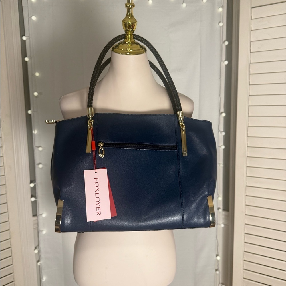 Foxlover Navy Blue Large Tote Bag Gold Hardware 17” Wide NWT